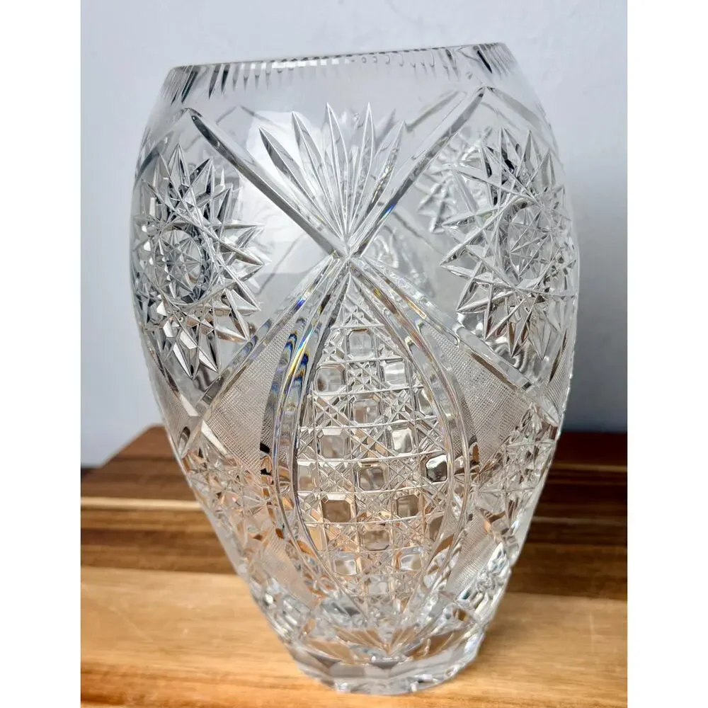 Vintage Hand Cut Crystal Vase, American Brilliant Hobstar Fan Pattern